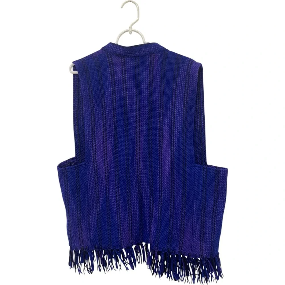 Ann‎ Buckmaster Weaves Vest Fringe Large Blue Pure New Wool Open Front Vintage